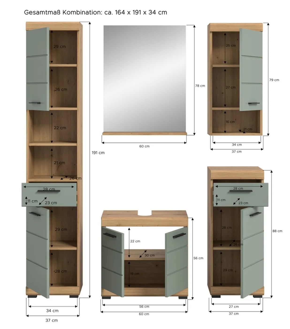 Badezimmer-Set Scout | Salbei / Artisan Eiche | 5-teilig | mit Aufsatzleuchte