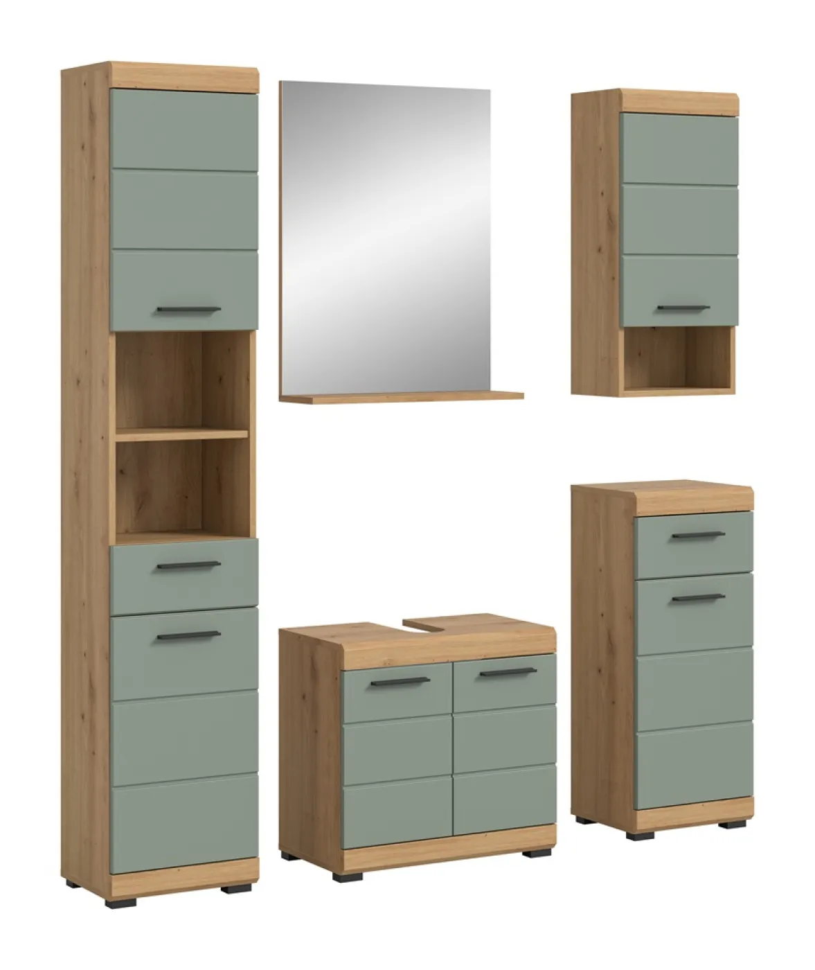 Badezimmer-Set Scout | Salbei / Artisan Eiche | 5-teilig | optional Aufsatzleuchte