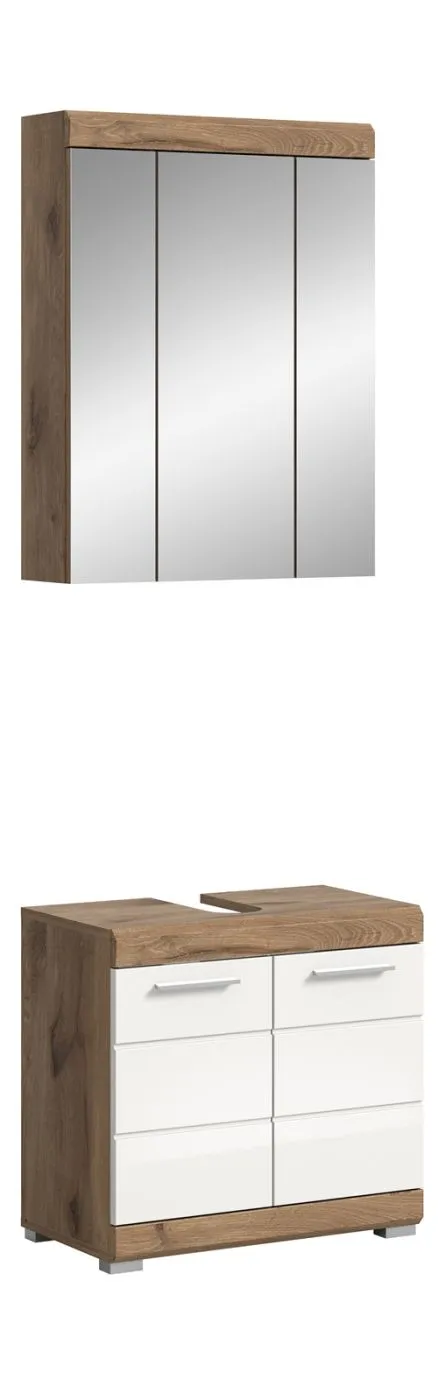 Badezimmer-Set Wave | weiß Hochglanz / Nox Oak | 2-teilig | optional Beleuchtung