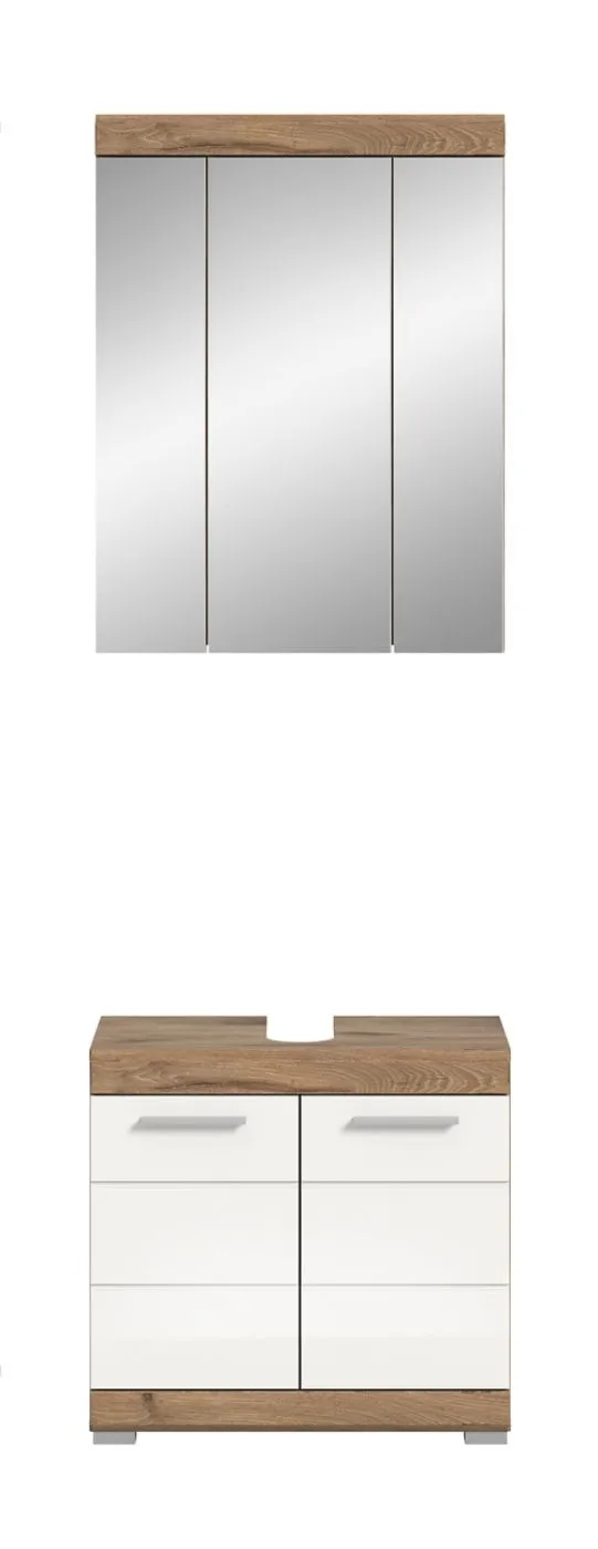 Badezimmer-Set Wave | weiß Hochglanz / Nox Oak | 2-teilig | optional Beleuchtung