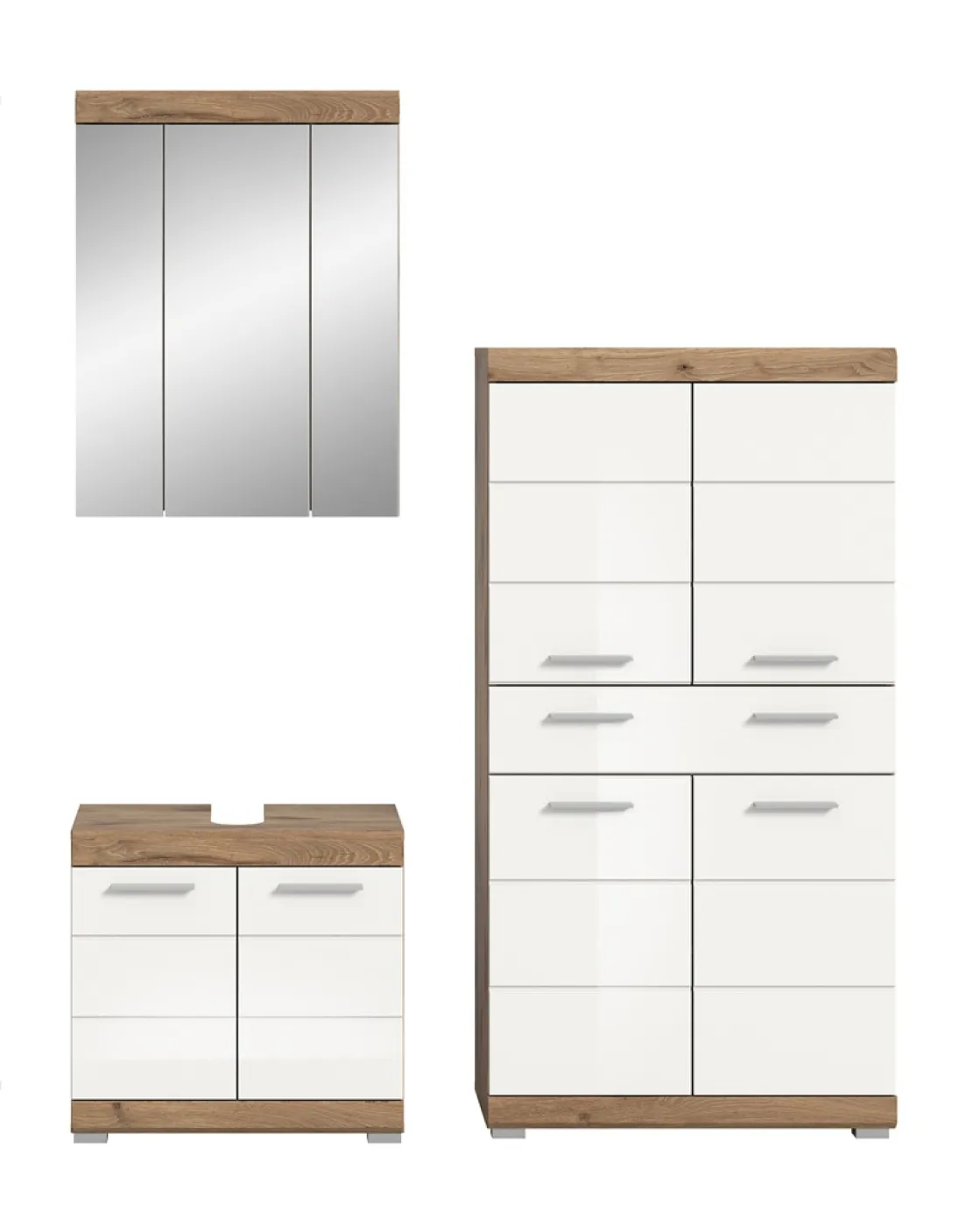 Badezimmer-Set Wave 2 | weiß Hochglanz / Nox Oak | 3-teilig | mit Aufsatzleuchte