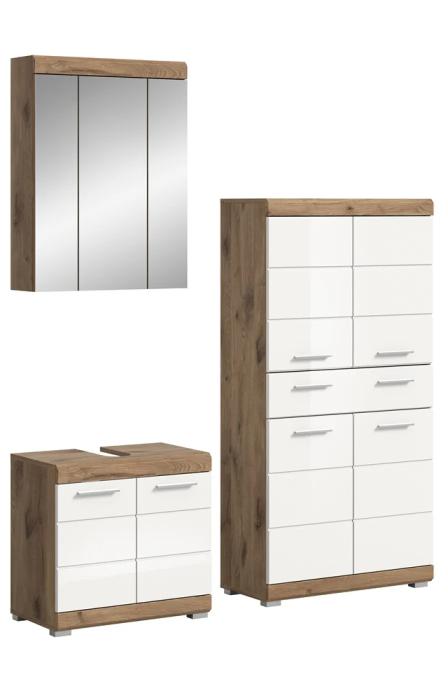 Badezimmer-Set Wave 2 | weiß Hochglanz / Nox Oak | 3-teilig | optional Beleuchtung