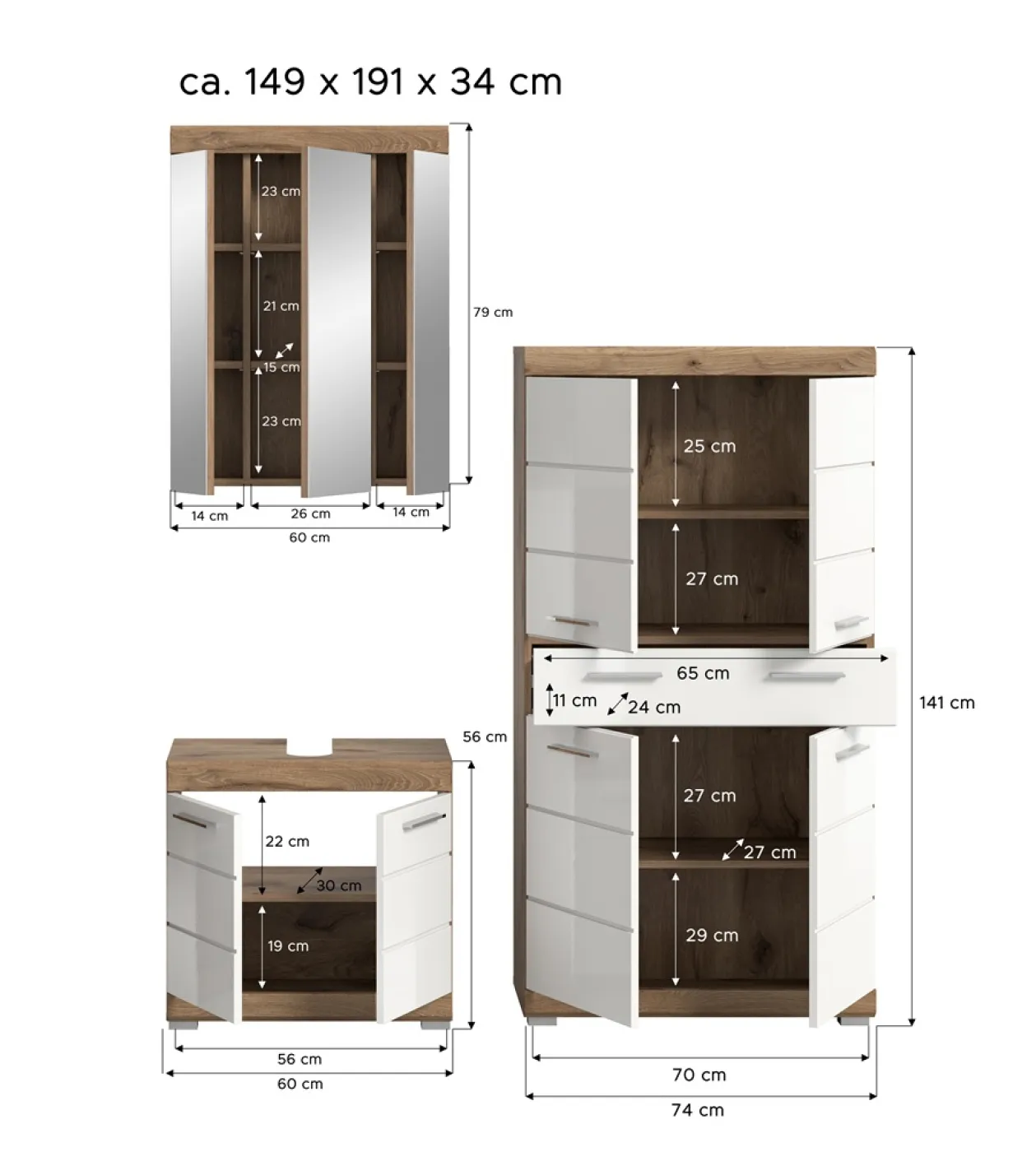 Badezimmer-Set Wave 2 | weiß Hochglanz / Nox Oak | 3-teilig | optional Beleuchtung