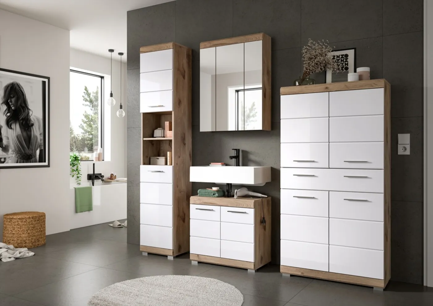 Badezimmer-Set Wave | weiß Hochglanz / Nox Oak | 4-teilig | optional Beleuchtung