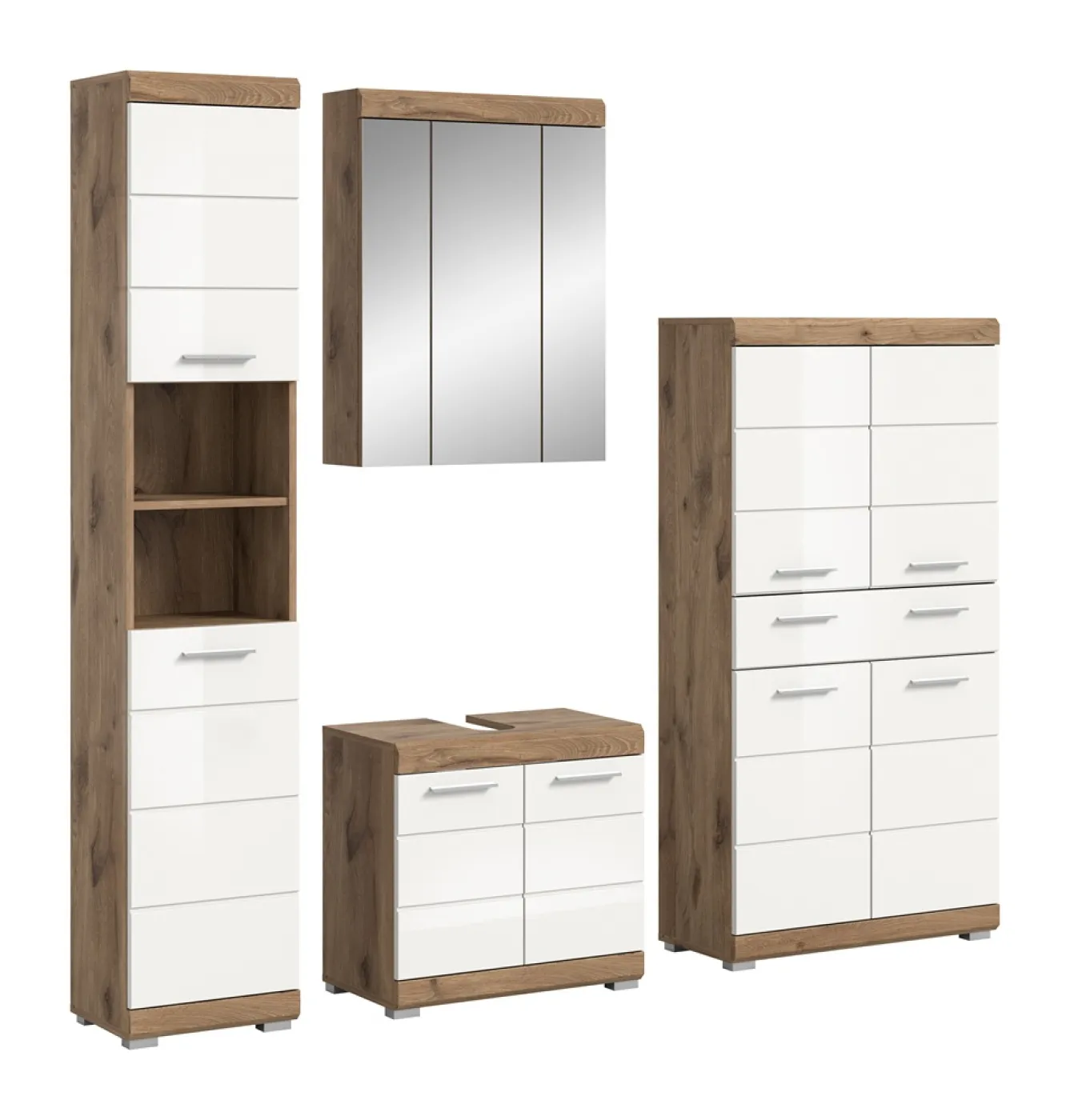 Badezimmer-Set Wave | weiß Hochglanz / Nox Oak | 4-teilig | optional Beleuchtung