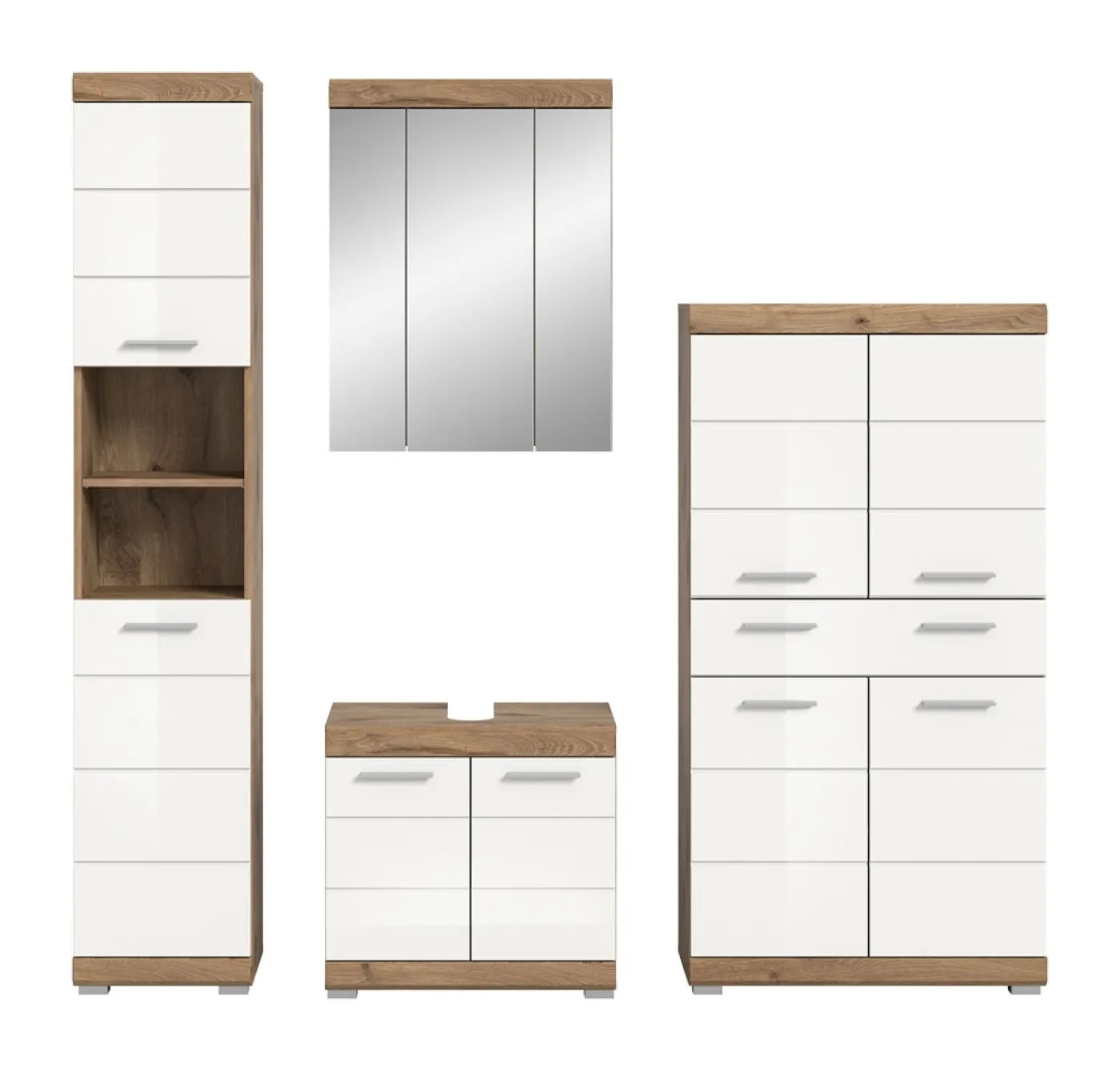 Badezimmer-Set Wave | weiß Hochglanz / Nox Oak | 4-teilig | optional Beleuchtung