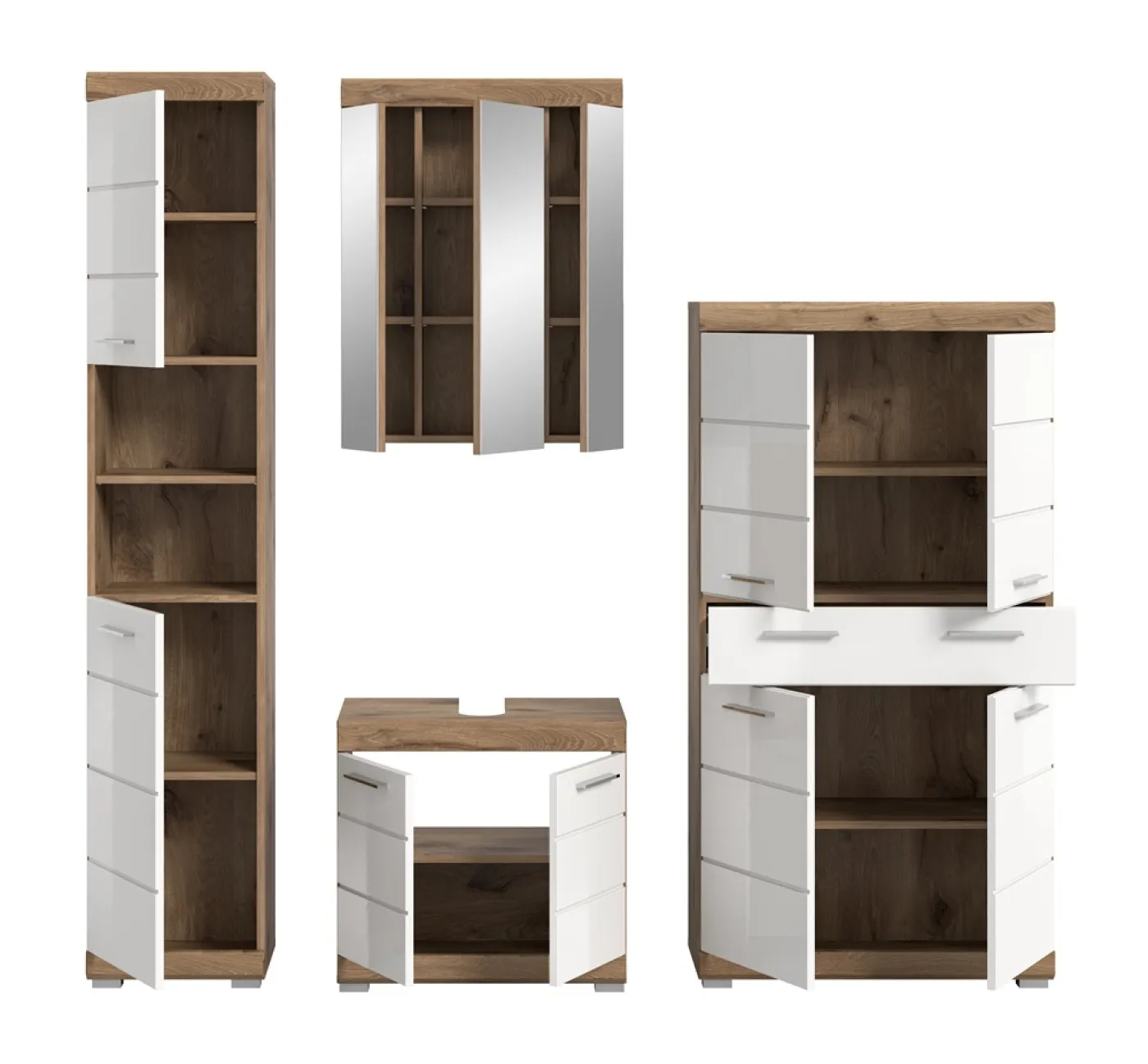 Badezimmer-Set Wave | weiß Hochglanz / Nox Oak | 4-teilig | optional Beleuchtung