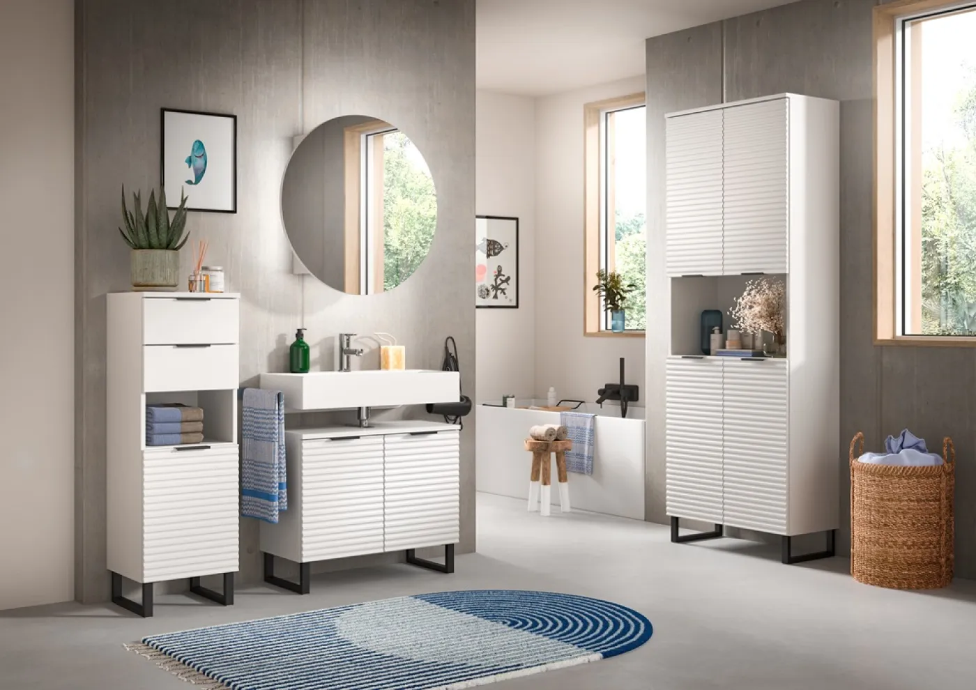 Badezimmerschrank Hochschrank Riff | weiß