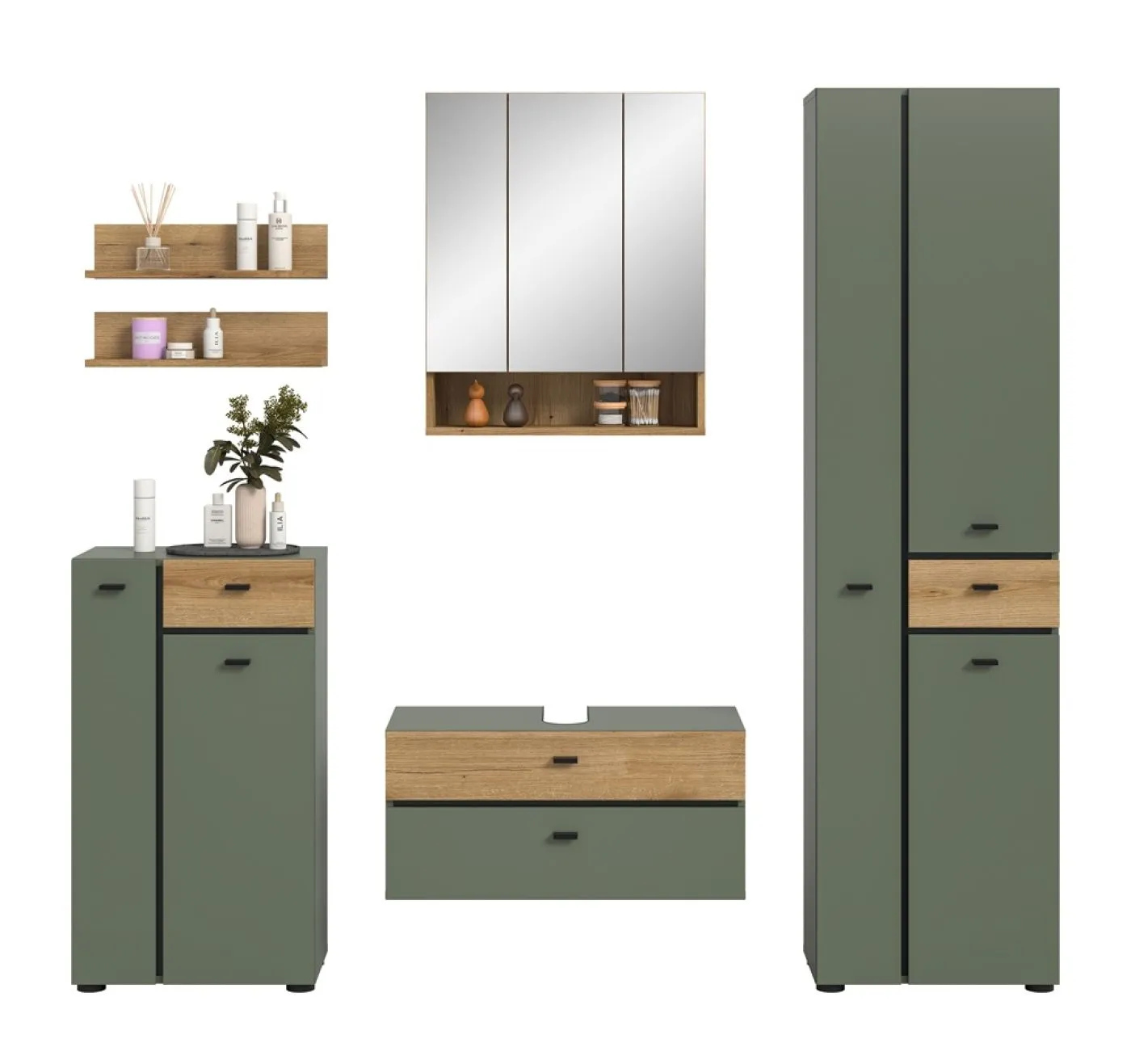 Badkombination Bad Set Aqua | 5-teilig | Sage Green / Evoke Oak mit Aufsatzleuchte