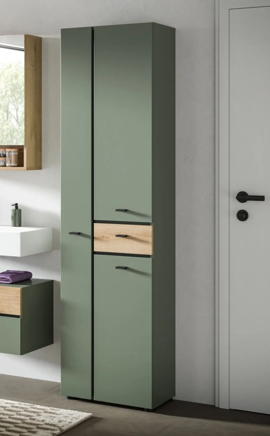 Badkombination Bad Set Aqua | 5-teilig | Sage Green / Evoke Oak mit Aufsatzleuchte