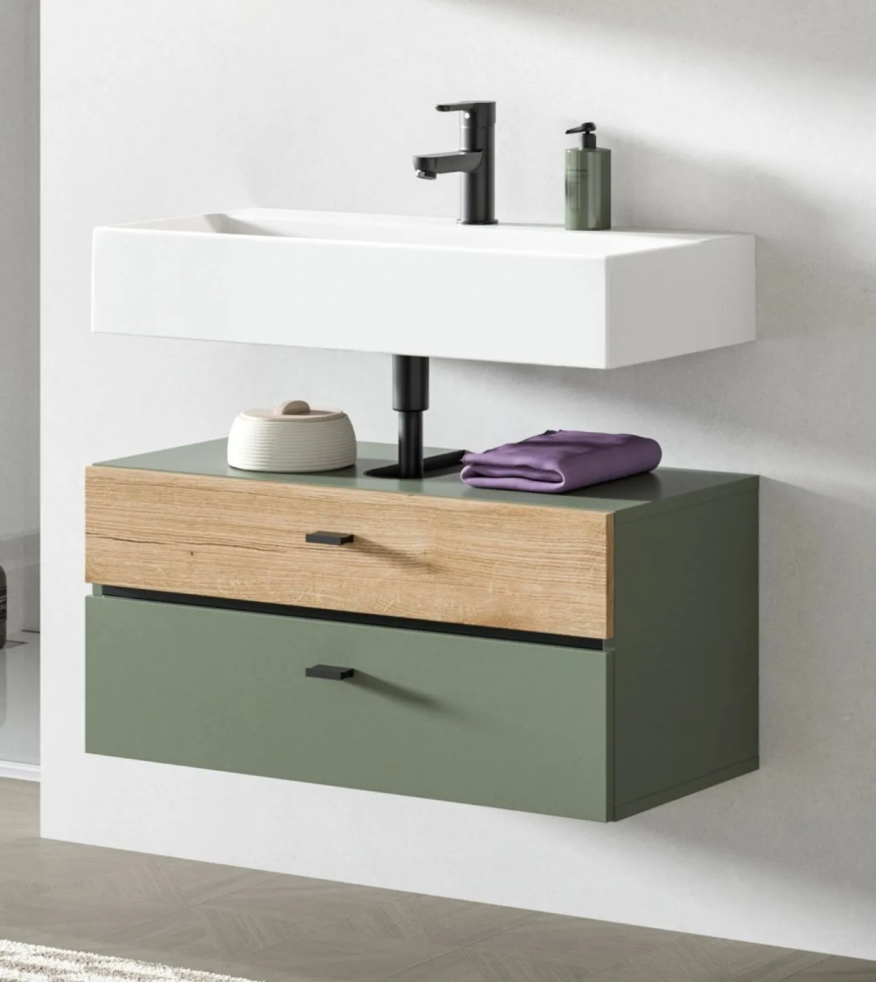 Badkombination Bad Set Aqua | 5-teilig | Sage Green / Evoke Oak mit Aufsatzleuchte