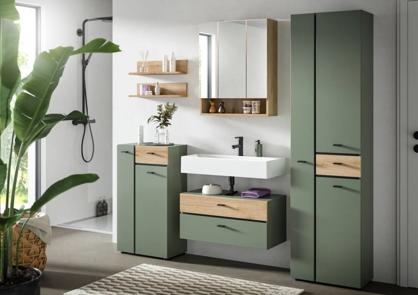 Badkombination Bad Set Aqua | 5-teilig | Sage Green / Evoke Oak mit Aufsatzleuchte