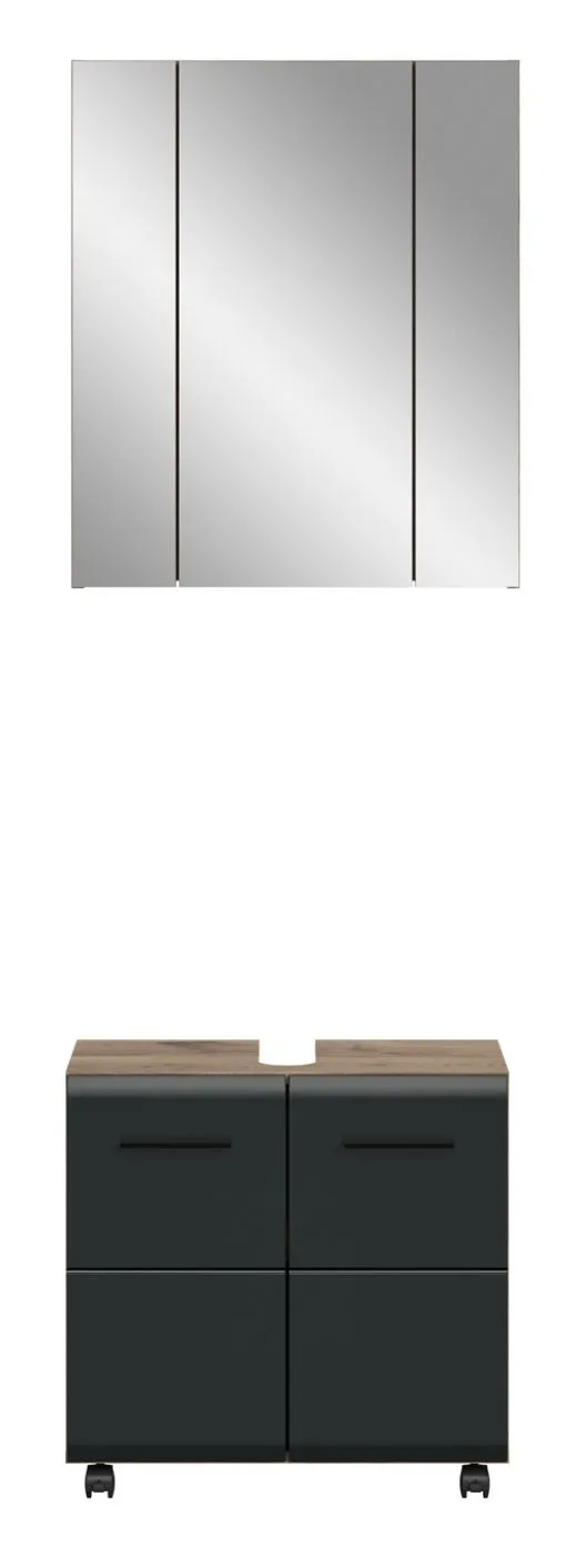 Badkombination Bad Set Ice auf Rollen | 2-teilig | Nox Oak / schwarz mit Aufsatzleuchte