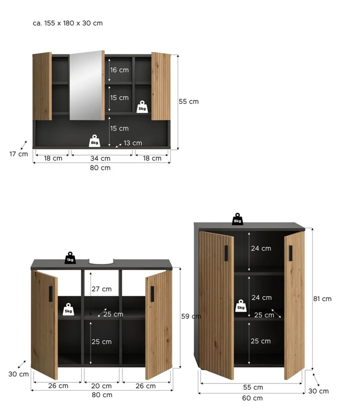 Badkombination Mone 1 | 3-teilig | Basalt grau / Artisan Oak mit Aufsatzleuchte