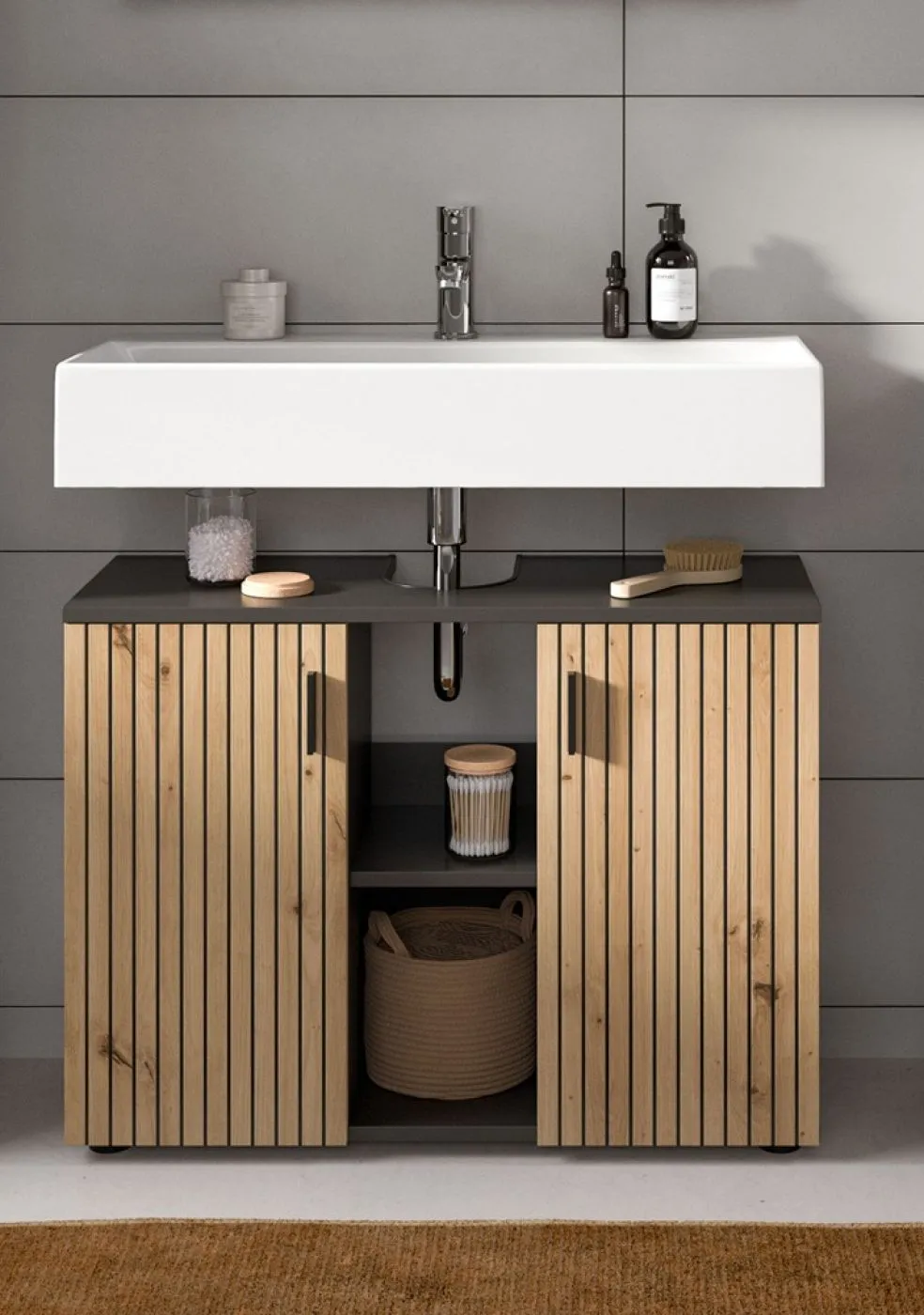 Badkombination Mone 1 | 3-teilig | Basalt grau / Artisan Oak mit Aufsatzleuchte