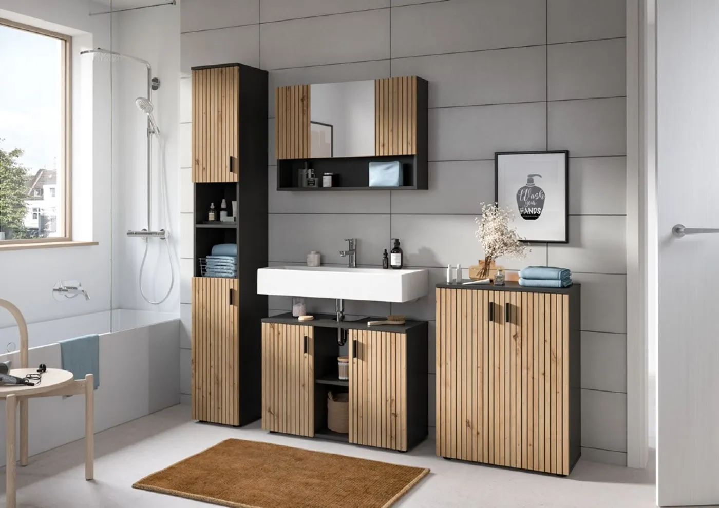 Badkombination Mone 1 | 3-teilig | Basalt grau / Artisan Oak ohne Aufsatzleuchte