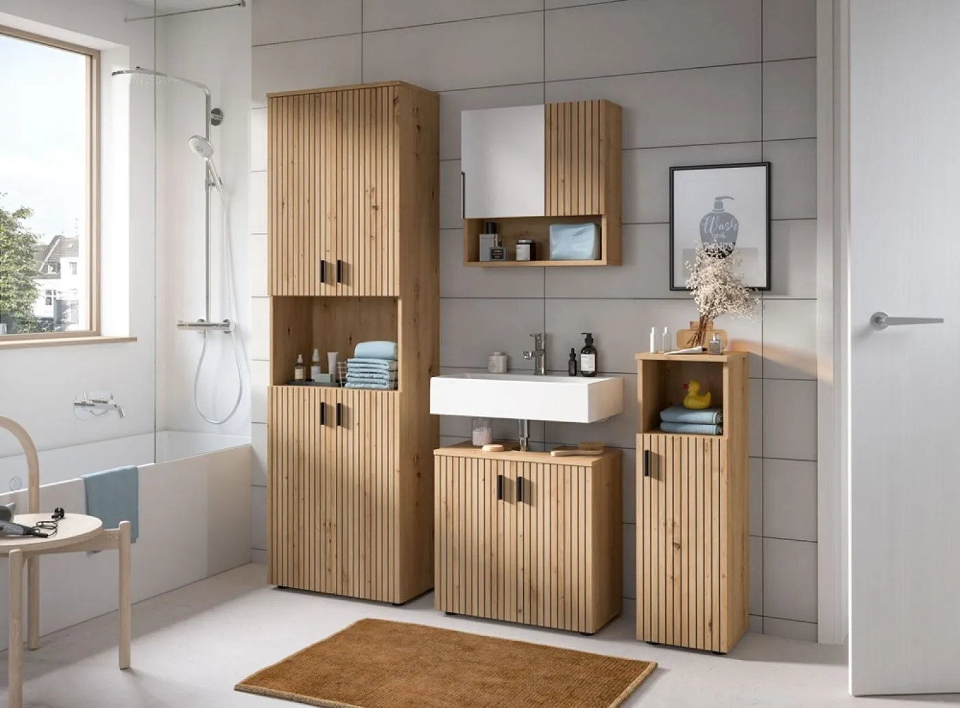 Badkombination Mone | 4-teilig | Artisan Oak mit Aufsatzleuchte