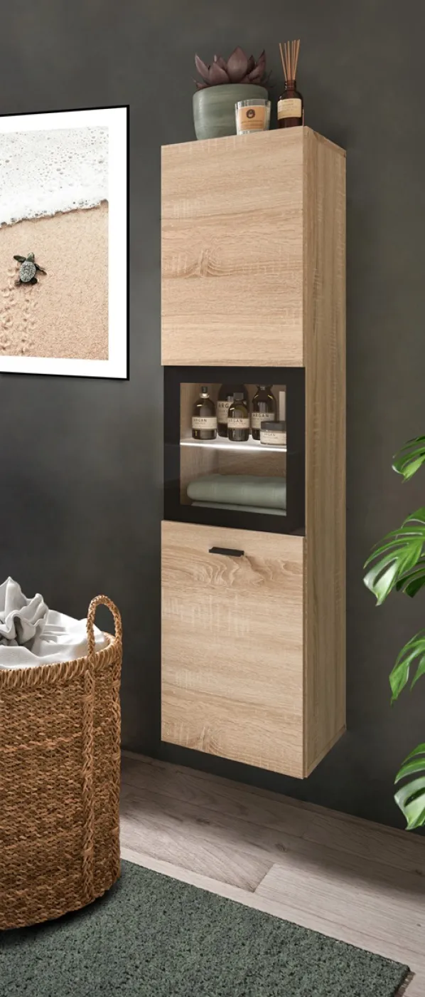 Badschrank Boston | mit Glastür | Eiche Sonoma | ohne Glasbodenclip