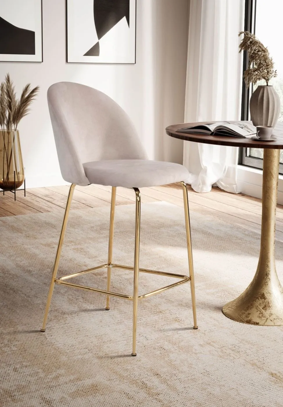 Barhocker 2er Set Diama | mit goldenen Beinen | samt | beige