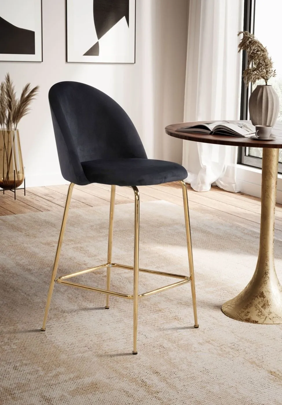 Barhocker 2er Set Diama | mit goldenen Beinen | samt | schwarz