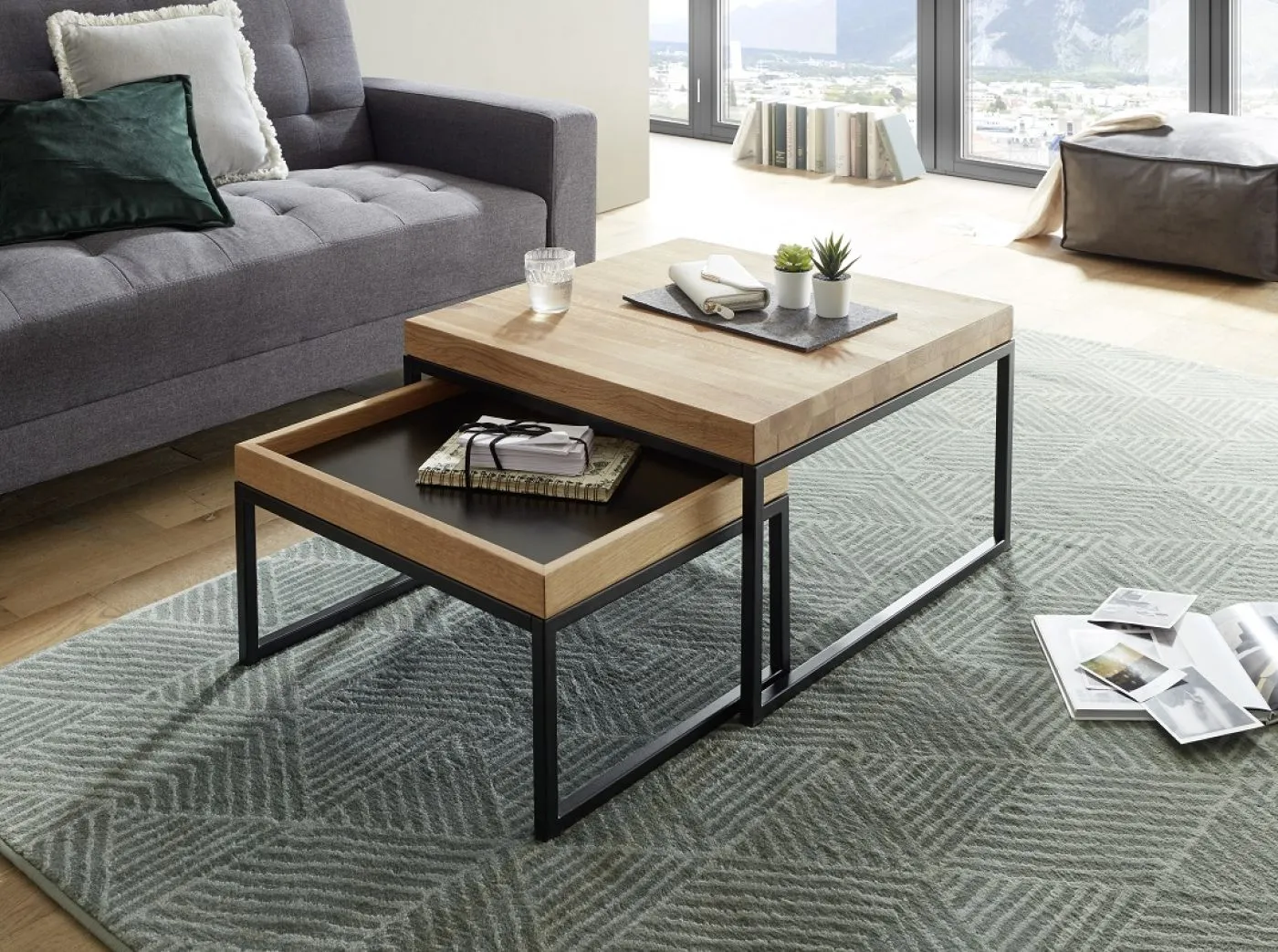 Couchtisch Set Lubao | 2-teilig | Eiche massiv | 57/65 | Eichefarben / schwarz
