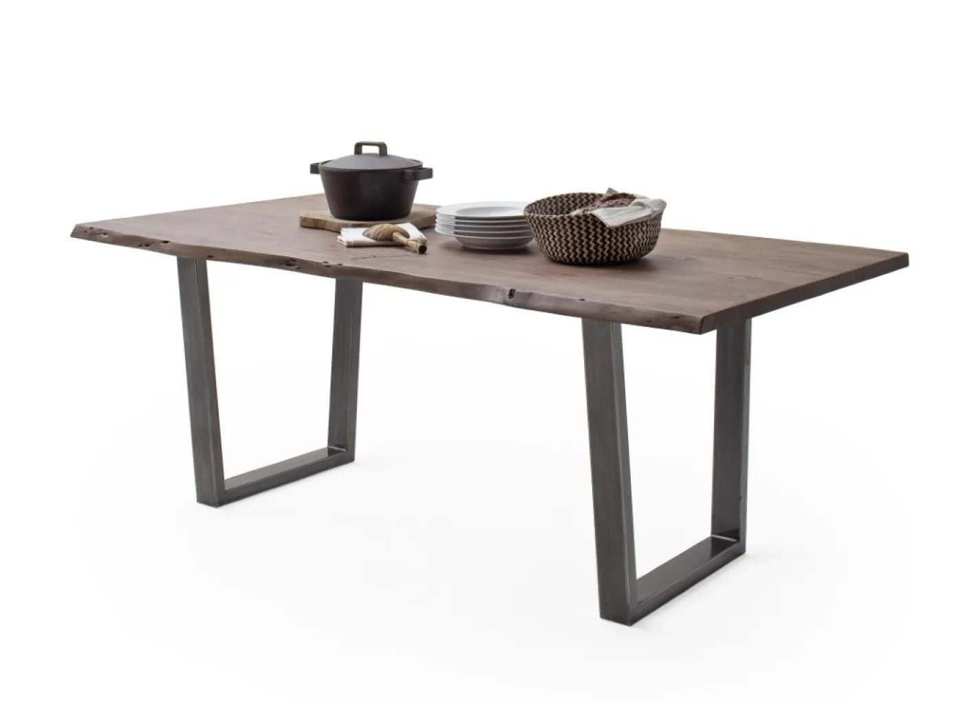 Esstisch Calabria | Akazie massiv | T-Gestell | walnuss / antik gewischt | 180 x 90-Tischplatte 2,5 cm