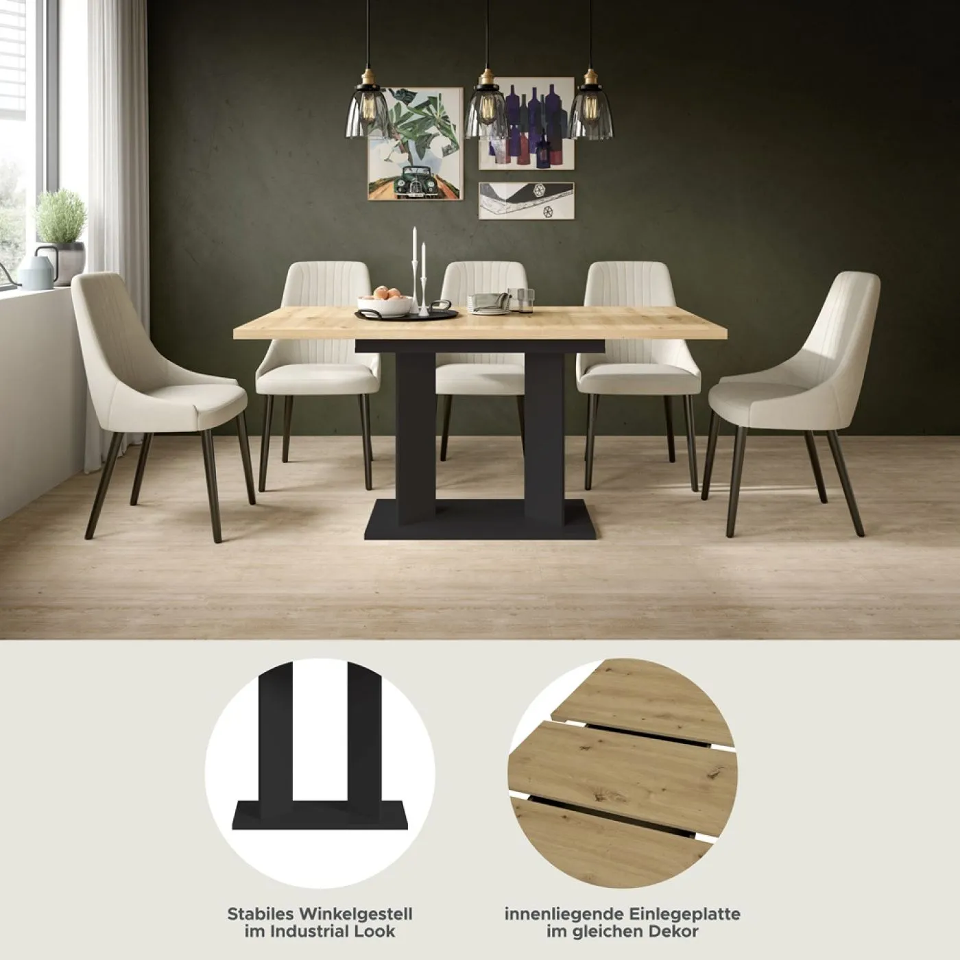 Esstisch Gustav | ausziehbar | Artisan Eiche / schwarz | B:120-160 cm
