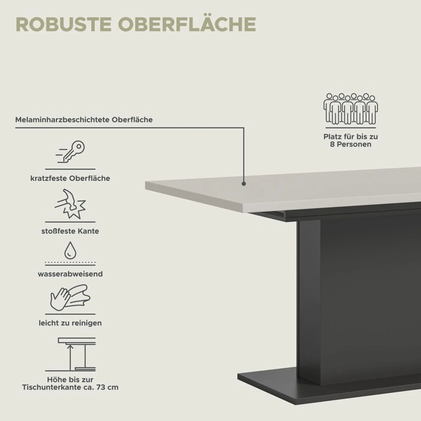 Esstisch Motion | ausziehbar | Säule | grau / Kaschmir | 150(190)x90