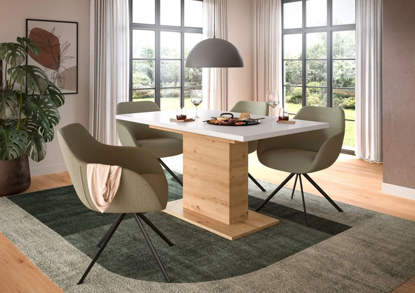 Esstisch Motion | ausziehbar | Säulen-Fußgestell | Artisan Eiche / weiß | 150(190)x90