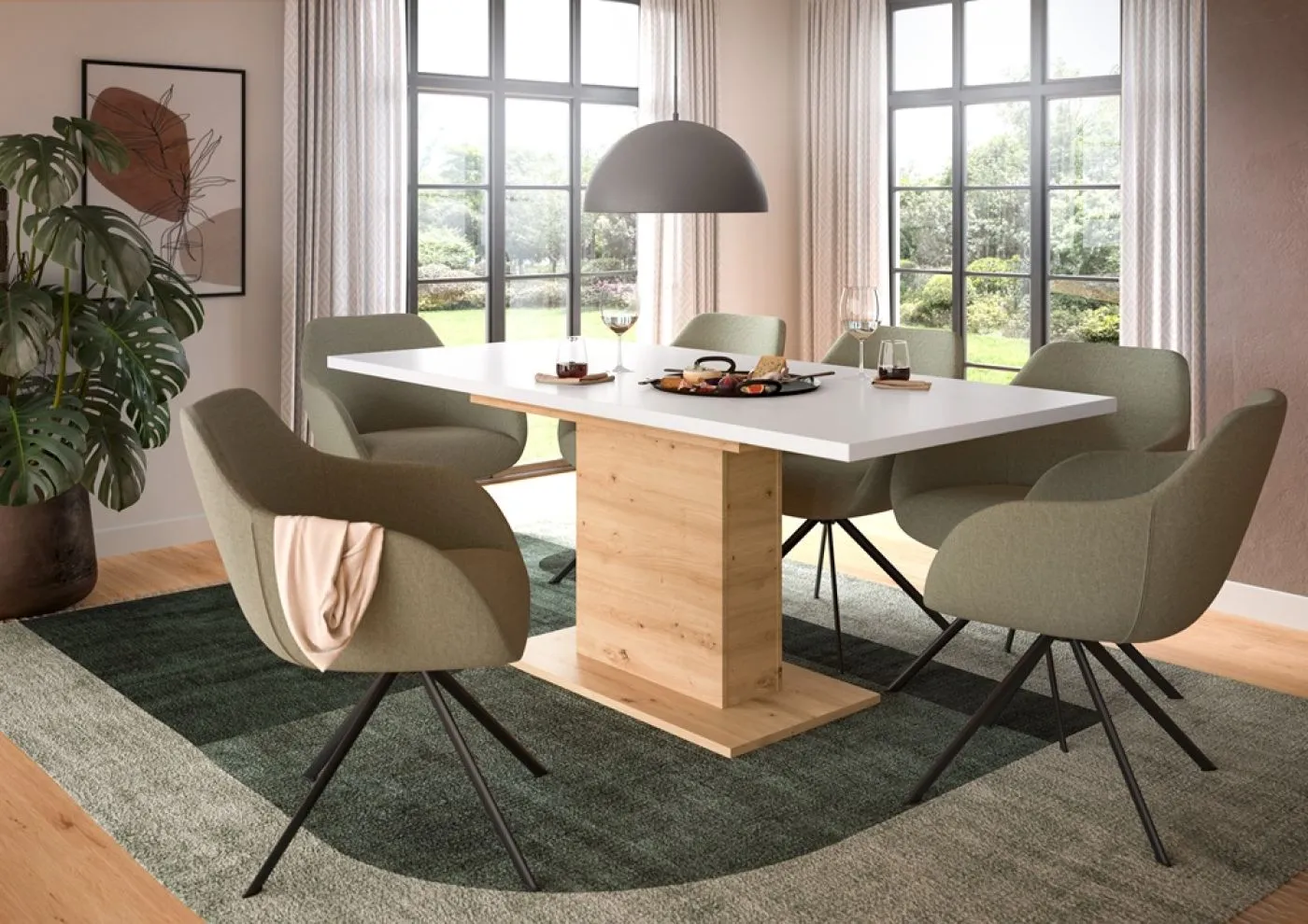 Esstisch Motion | ausziehbar | Säulen-Fußgestell | Artisan Eiche / weiß | 150(190)x90