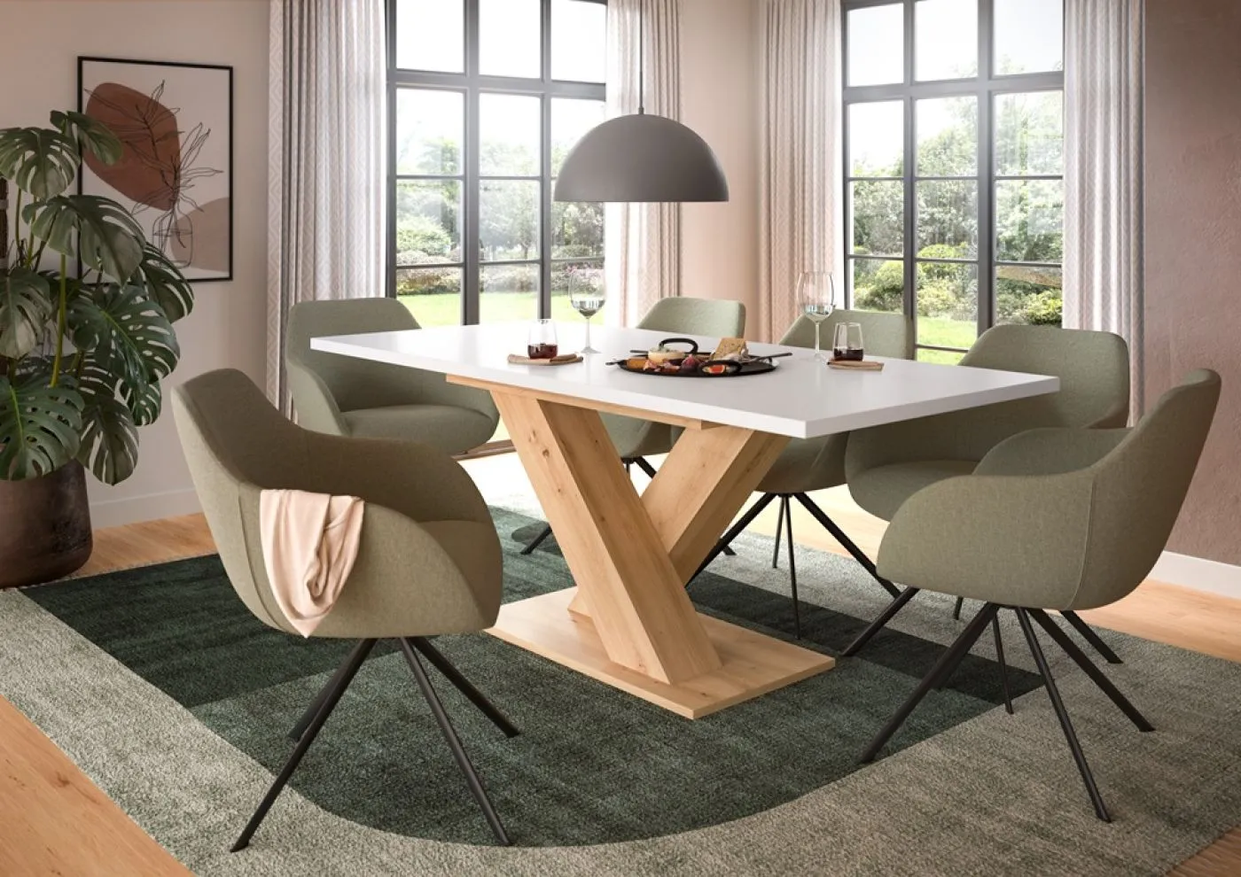 Esstisch Motion | ausziehbar | X-Fußgestell in weiß | Artisan Eiche / weiß | 150(190)x90