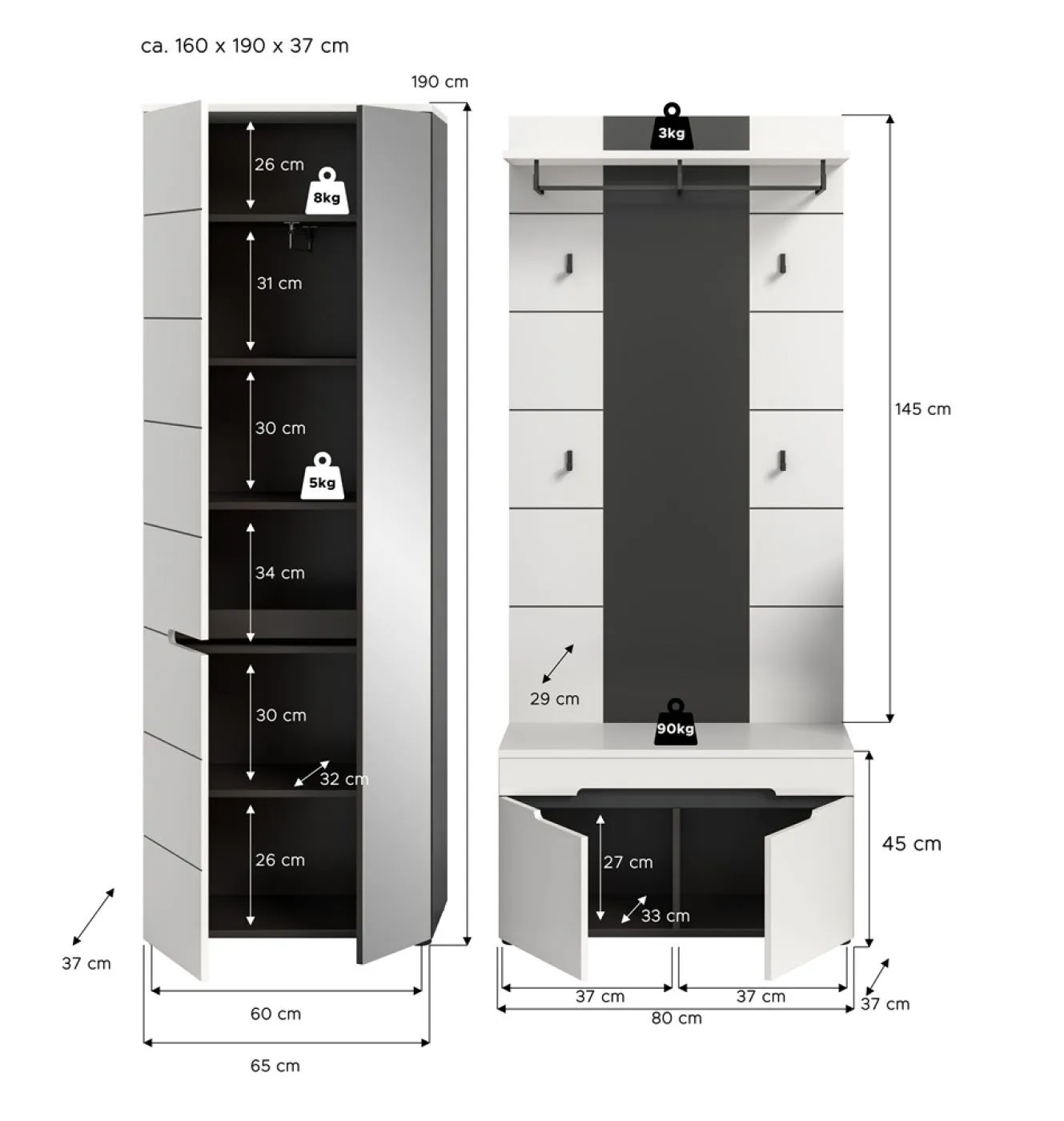 Garderoben-Set Canu 1 | Basalt grau / Weiß | 3-teilig mit Sitzkissen