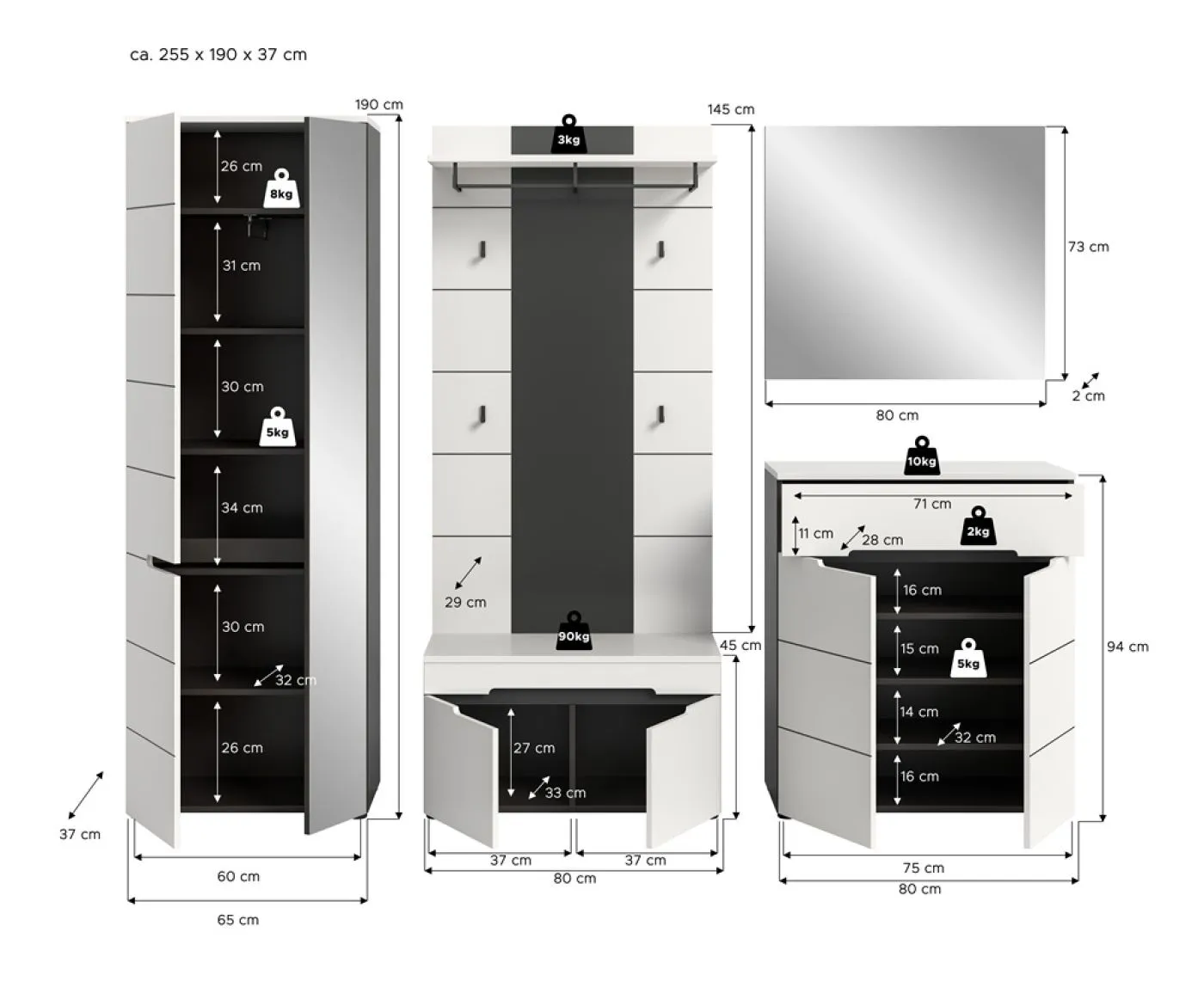 Garderoben-Set Canu 1 | Basalt grau / Weiß | 5-teilig ohne