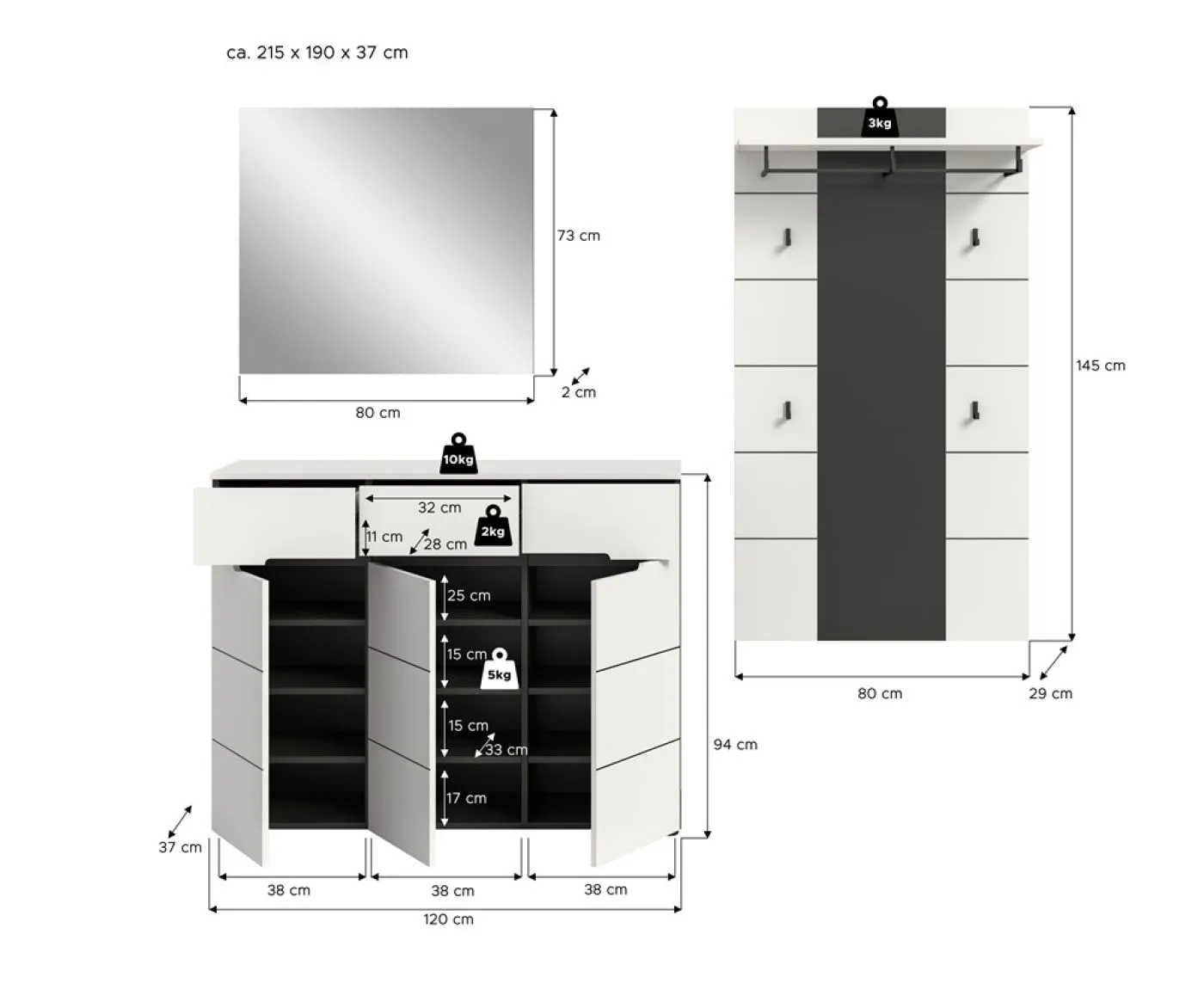 Garderoben-Set Canu 2 | Basalt grau / Weiß | 3-teilig