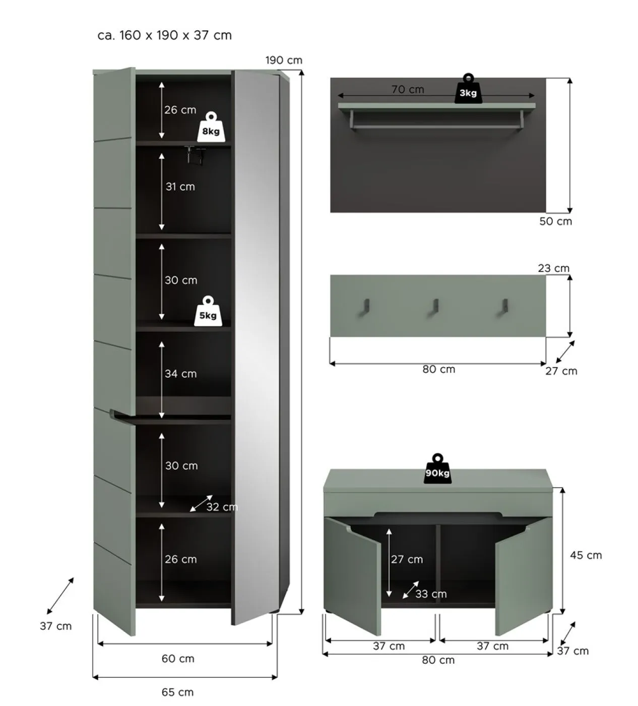 Garderoben-Set Canu | Basalt grau / Smoke Green | 4-teilig mit Sitzkissen