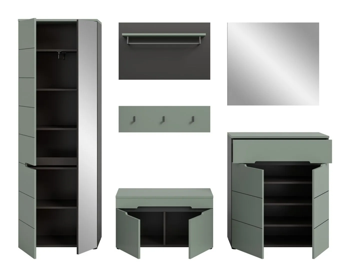 Garderoben-Set Canu | Basalt grau / Smoke Green | 5-teilig mit Kissen