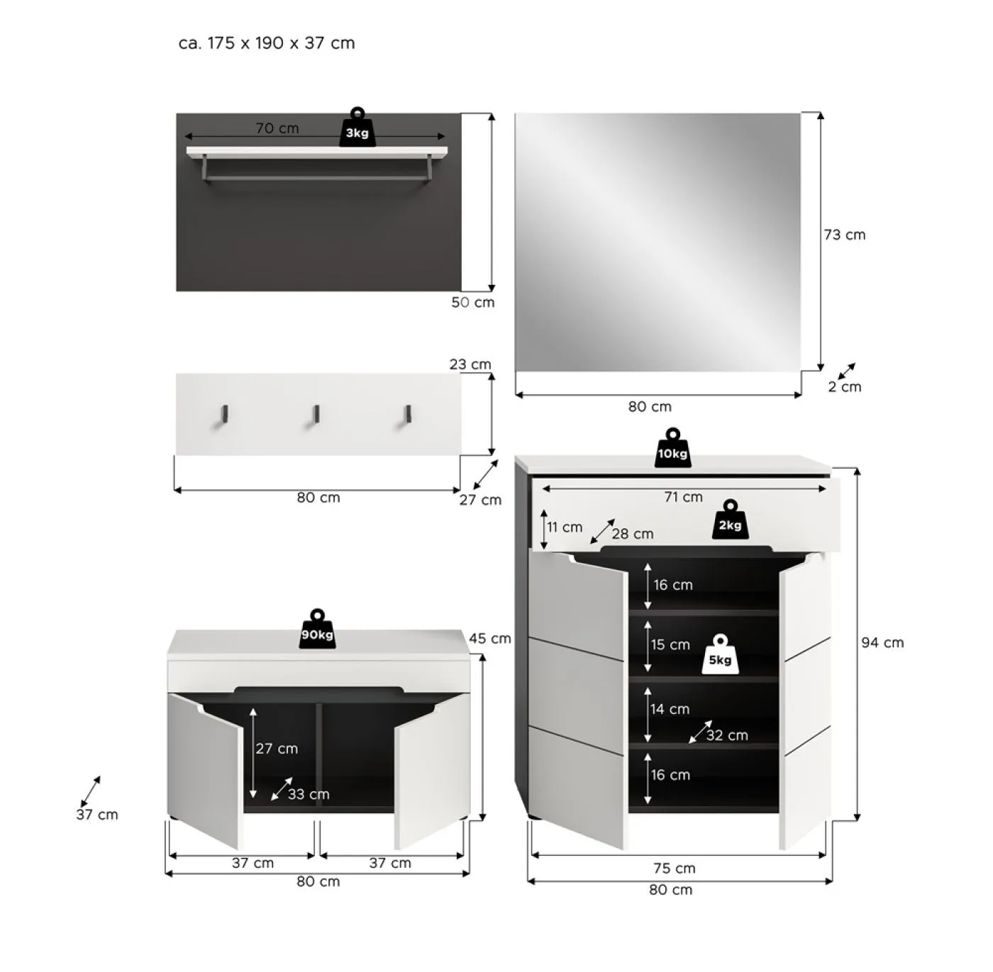 Garderoben-Set Canu | Basalt grau / Weiß | 4-teilig mit Sitzkissen
