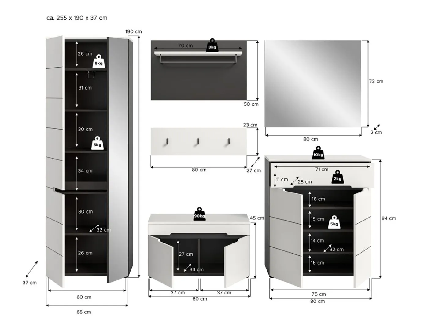 Garderoben-Set Canu | Basalt grau / Weiß | 5-teilig mit Kissen