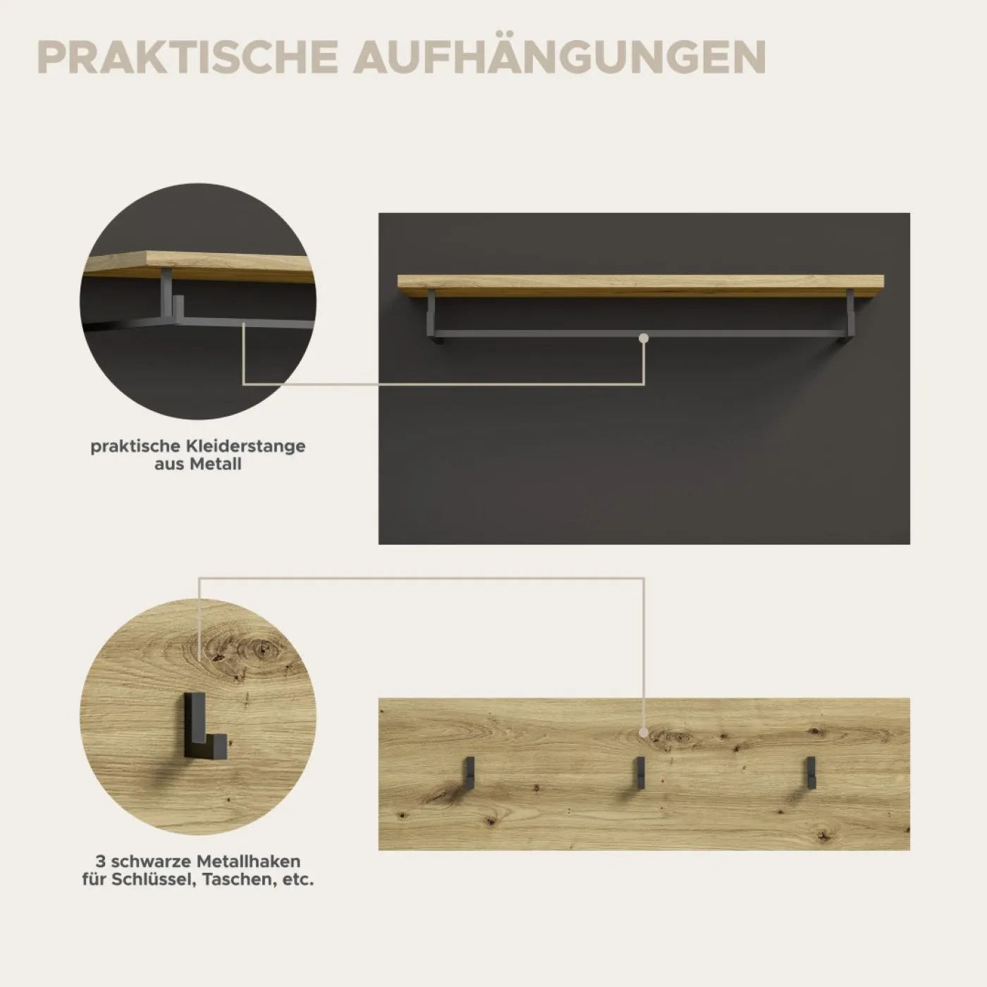 Garderoben-Set Canu | grau / Artisan Eiche | 4-teilig ohne Sitzkissen