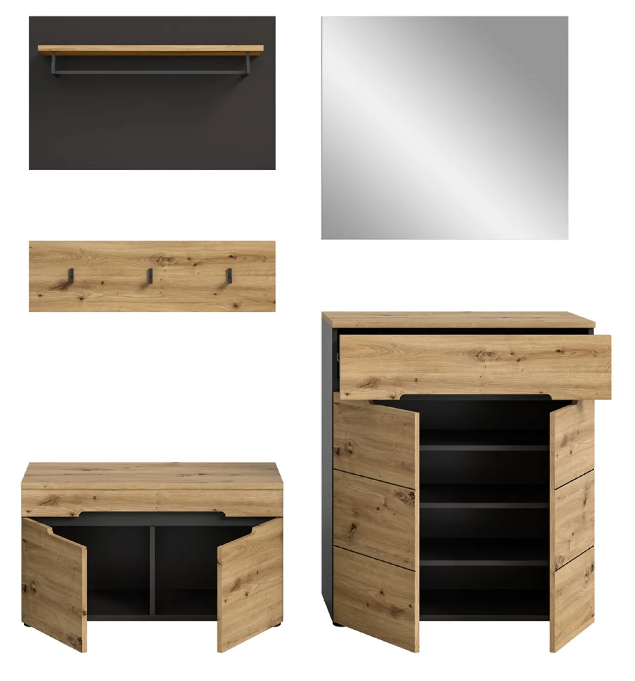 Garderoben-Set Canu | grau / Artisan Eiche | 4-teilig ohne Sitzkissen