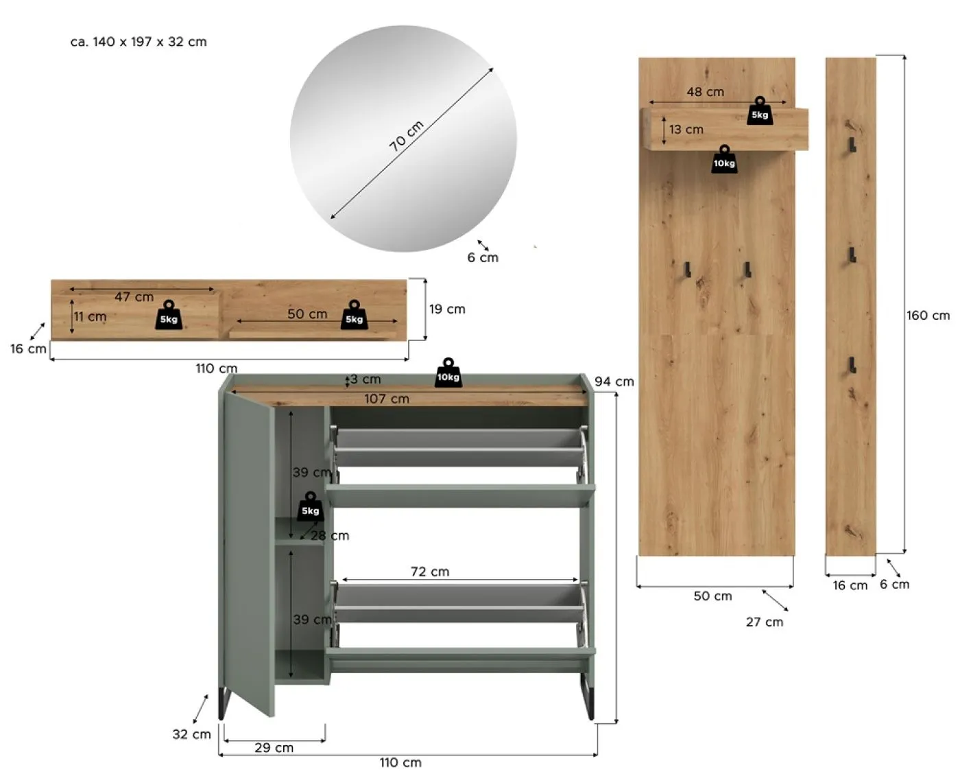 Garderoben-Set Drive 1 | Salbei / Artisan Oak | 5-teilig