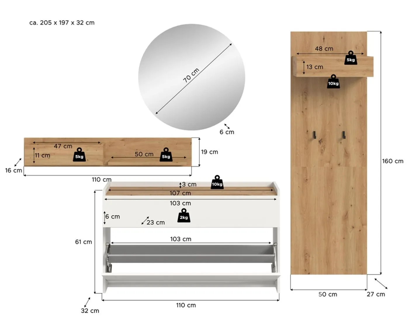 Garderoben-Set Drive 1 | weiß / Artisan Oak | 4-teilig ohne Beleuchtung