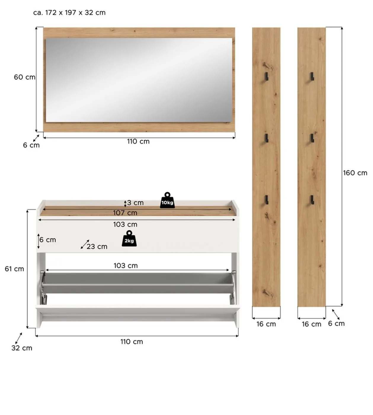 Garderoben-Set Drive 3 | weiß / Artisan Oak | 4-teilig mit Beleuchtung