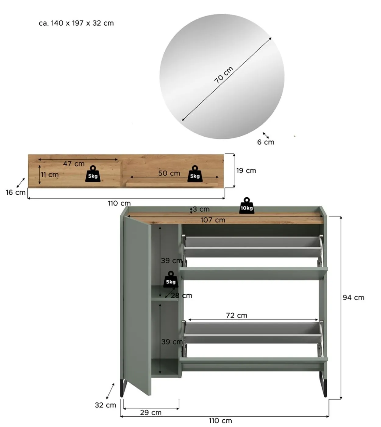 Garderoben-Set Drive 4 | Salbei / Artisan Oak | 3-teilig