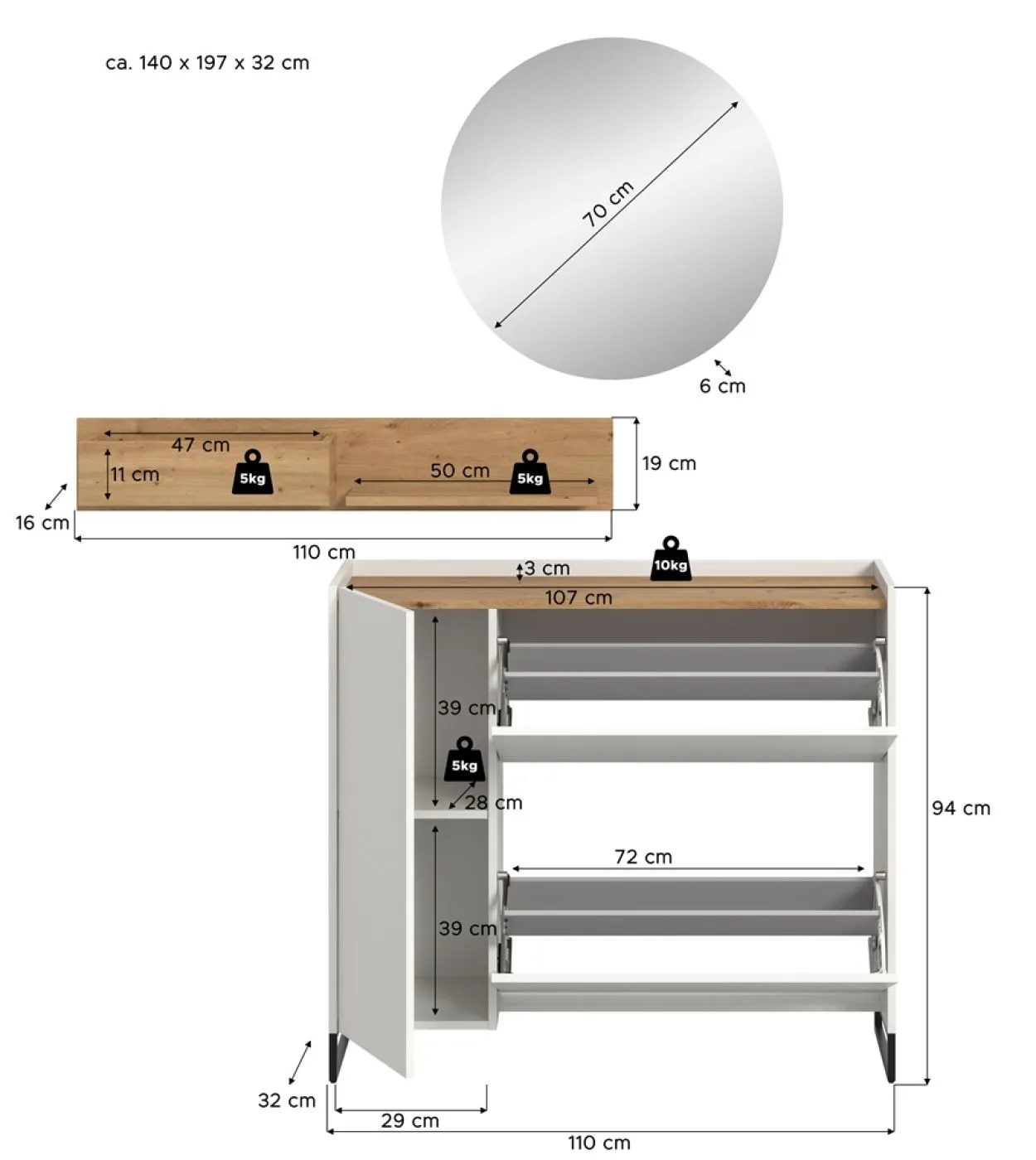 Garderoben-Set Drive 4 | weiß / Artisan Oak | 3-teilig mit Beleuchtung