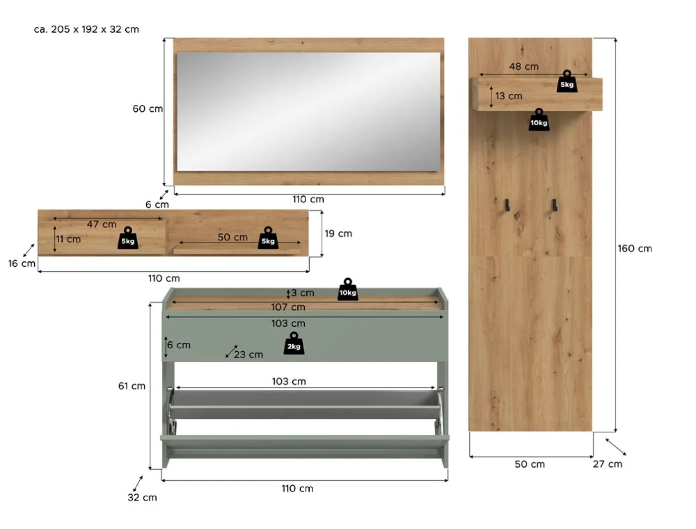 Garderoben-Set Drive | Salbei / Artisan Oak | 4-teilig mit Beleuchtung
