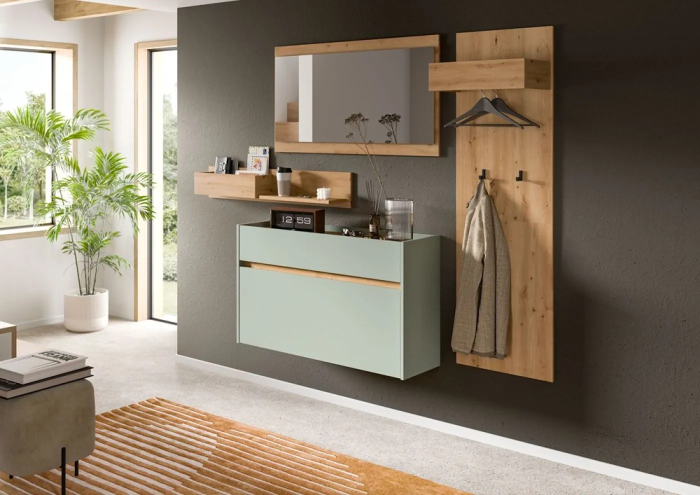 Garderoben-Set Drive | Salbei / Artisan Oak | 4-teilig mit Beleuchtung