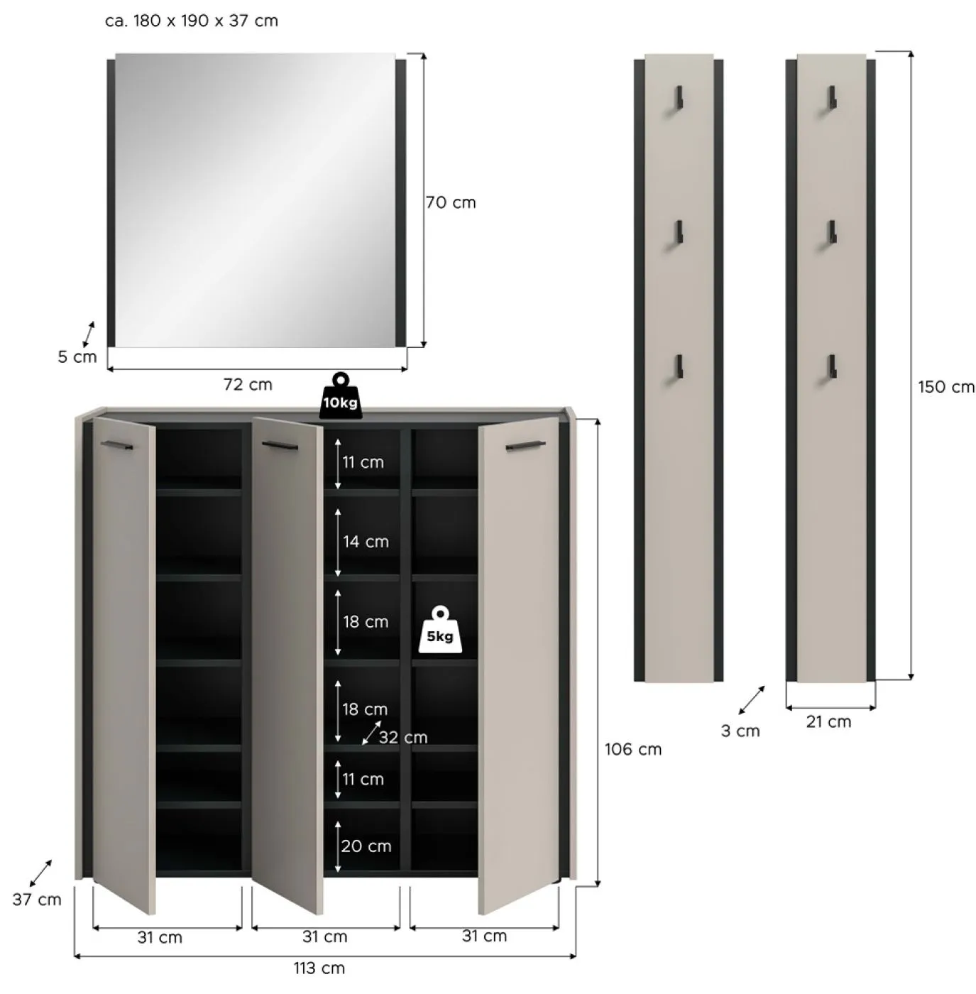 Garderoben-Set Emil 2 | Kaschmir / schwarz | 4-teilig