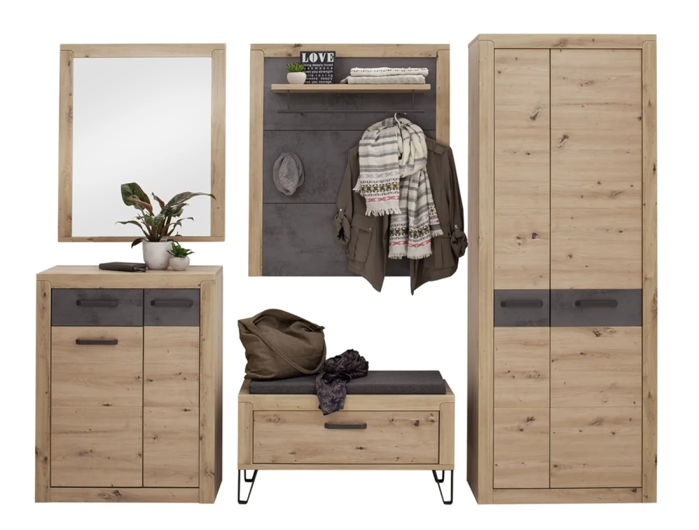 Garderoben Set Incata | Balkeneiche / Oxid grau | 5-teilig mit Sitzkissen