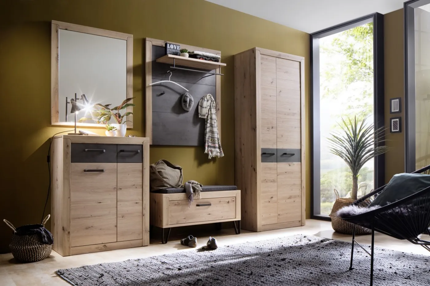 Garderoben Set Incata | Balkeneiche / Oxid grau | 5-teilig mit Sitzkissen